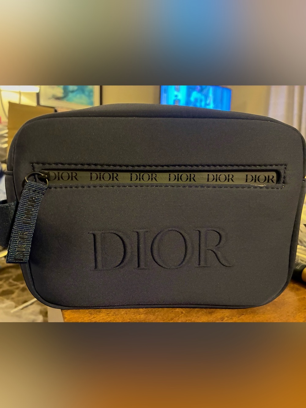 Christian Dior Deep Blue Embossed Logo Cosmetic Bag Large